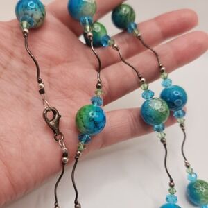 925 Sterling Silver Blue Green Glass Stone Pattern Beaded Station Necklace 30"